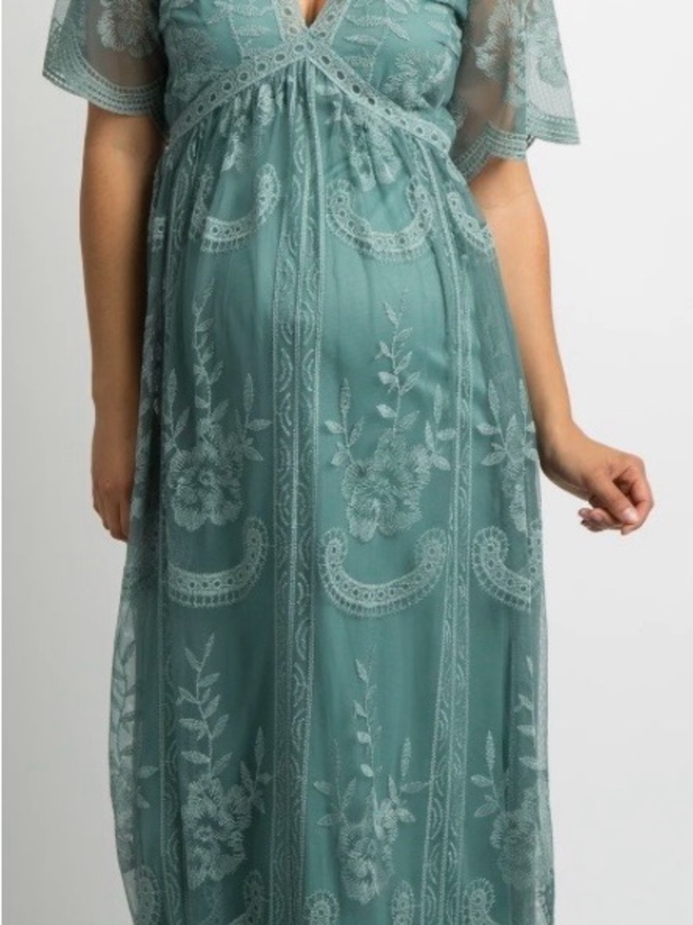 Sage Lace Mesh Overlay Maternity Maxi Dress
